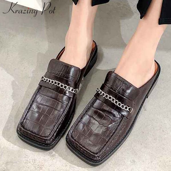 

krazing pot new internet star metal chains decorations print genuine leather slip on leisure square toe women fashion pumps l06, Black