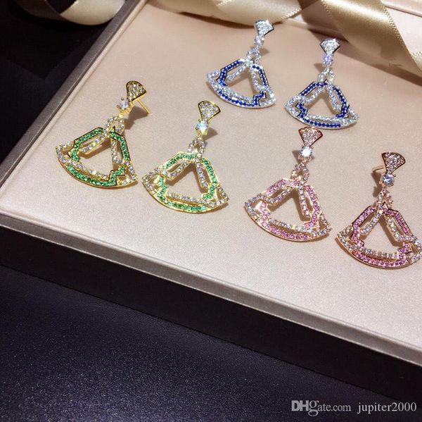 

europe america fashion lady women brass 18k gold plated hollow out setting diamond red/green/blue zircons fan stud earrings, Golden;silver