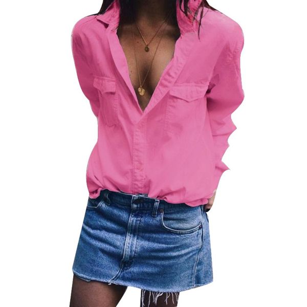 

women summer plus size solid color turn down collar v neck long sleeve shirt blouse, White