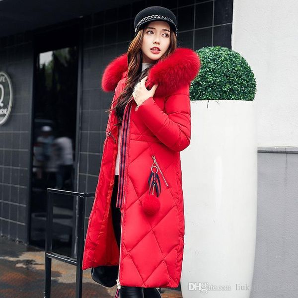 

2019 down jacket korean version of the slim down cotton padded women medium and long coat jacket, thick large fur collar loose cotton jacket, Black