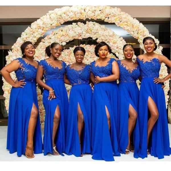 

side slit royal blue bridemaid dresses long 2019 lace chiffon sheer neck applique maid of honor gowns, White;pink