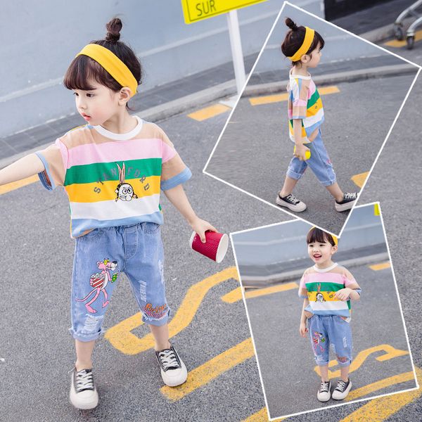 

summer fashion baby girls clothing sets infant clothes suits cartoon t shirt strap shorts kids sportswear children casual wear, White