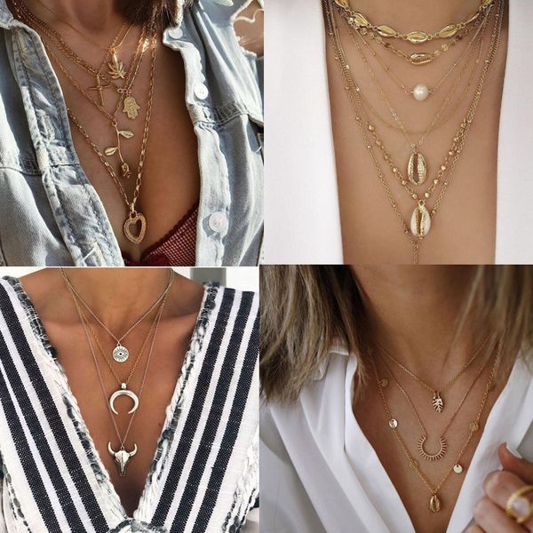 

diezi multilayer vintage chain necklace for women bohemian simple moon eyes horn pendant choker necklace party jewelry, Silver