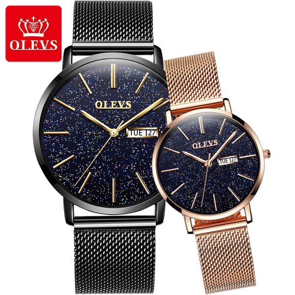 

olevs waterproof couple watch luxury casual ultra-thin mesh / leather strap men and women lover watches, Slivery;brown