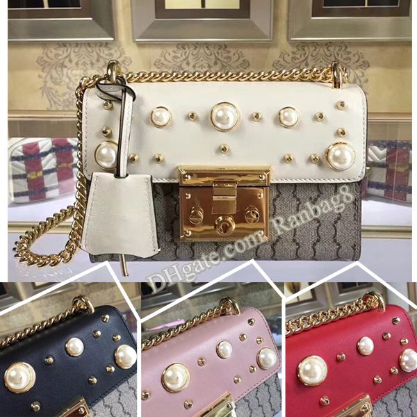 

2020 brand canvas padlock pearl shoulder bags black genuine leather chain crossbody bag 432182 women flap handbag grade hardware with bo