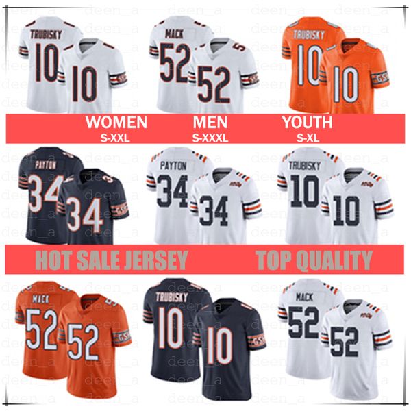 

men women youth chicago jersey 10 mitchell trubisky 34 walter payton 52 khalil mack bear football jerseys 100th white orange blue, Black;red
