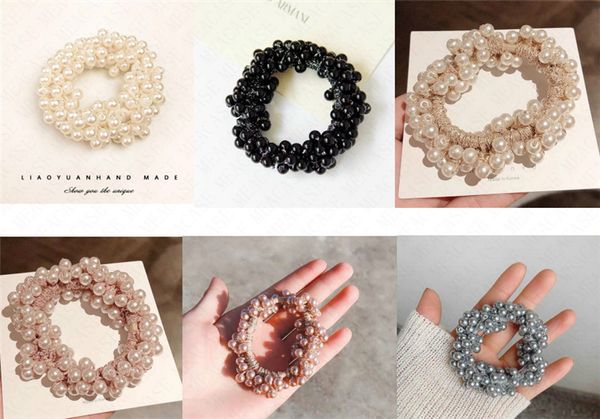 

women elegant pearl hair ties beads ladies scrunchies rubber bands ponytail holders hair accessories soft elastic hair band scrunchy d62307, Slivery;white
