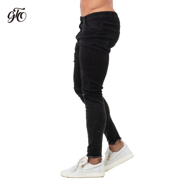 

mens jeans brand super stretch disstressed mens skinny jeans black ripped slim fit pants zipper bottom dropshipping zm66, Blue