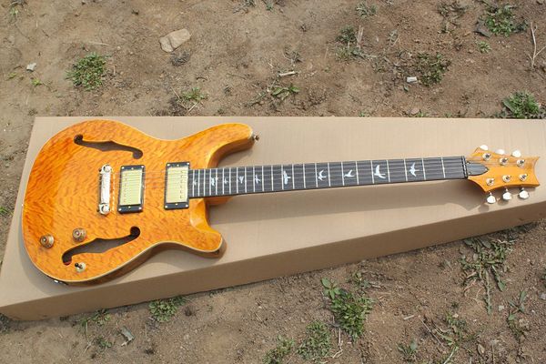 Chitarra elettrica arancione semi-cava personalizzata di fabbrica con hardware dorato, intarsio con tasti per uccelli, impiallacciatura di acero nuvole, personalizzabile