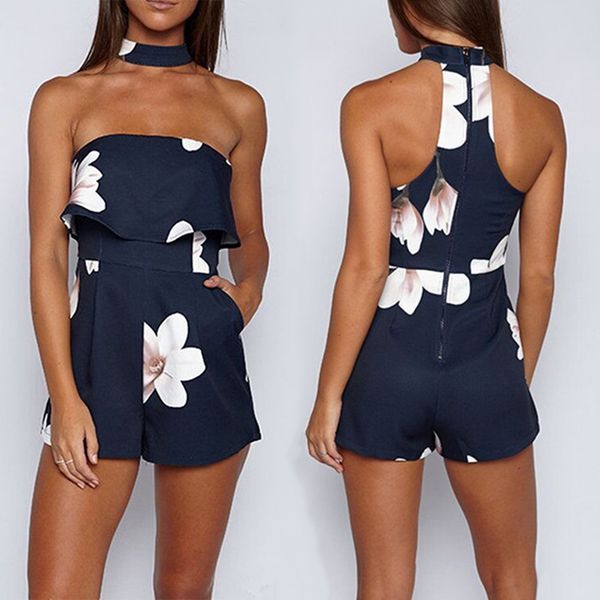 

spring summer fashion playsuits 2020 women's knitted floral print slash collar playsuits, Black;white