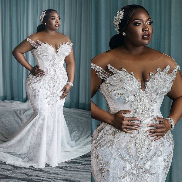 

plus size 2020 arabic mermaid wedding dresses beaded lace appliqued chapel train bridal gowns robe de mariÃ©e, White