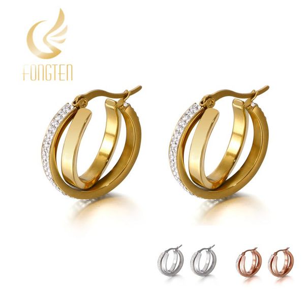 

двухслойные металлические серьги-кольца женские украшения из циркона, Golden;silver