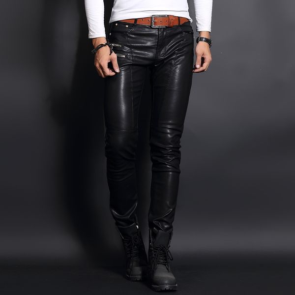 

brand korean slim fit mens faux sheepskin leather pants skinny punk man trousers full length zipper fashion pantalon hombre, Black