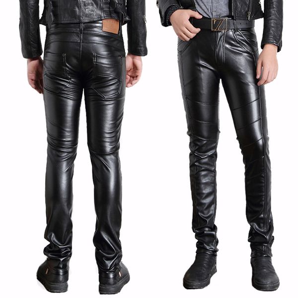 

men's pants male black faux leather motorcycle biker ridding pu trousers for men fashion slim fit pencil pant