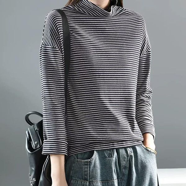 

women's blouses & shirts plus size tunic stripe blouse zanzea 2021 vintage turtleneck long sleeve blusas female casual pullovers 5xl, White