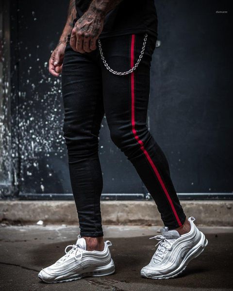 

trousers ripped black mens jeans designer pencil striped red pencil pants fashion clothing, Blue