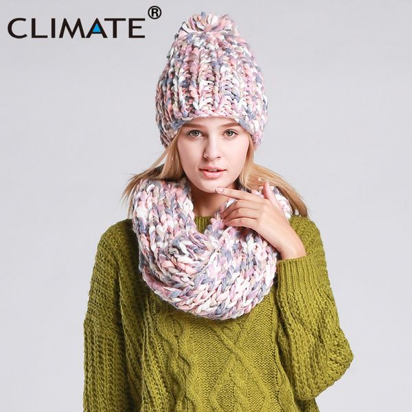 

climate women winter hat and scarf set warm girls lady knit pompom beanie sacrf sets women bonnet collar pom hat scarf sets, Blue;gray