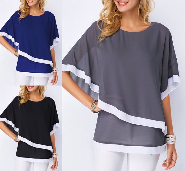 Verão Casual Camisa de Chiffon de Mulheres 2019 Bat Sleeve Stitching Irregular Solto Chiffon Shirt Tops Mulheres Plus Size Blouse