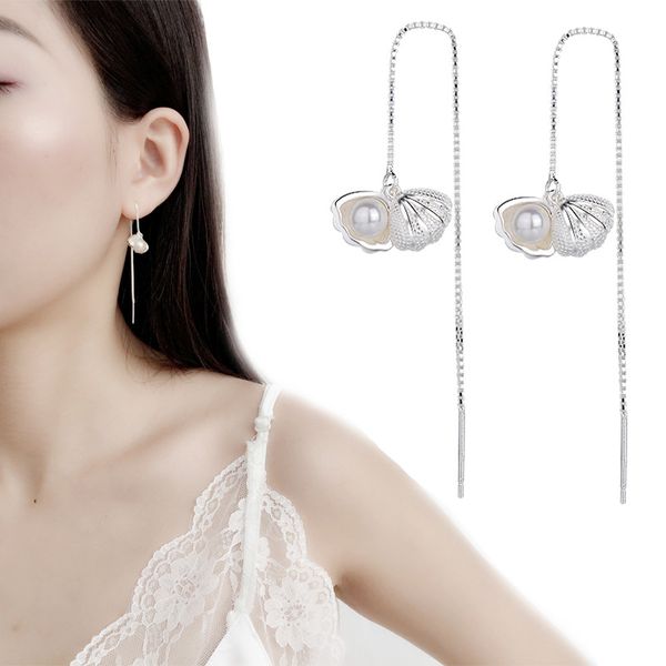

seashore sweet pearl shell earline female simple and fresh long tassel earring earchain small temperament ear ornament, Silver