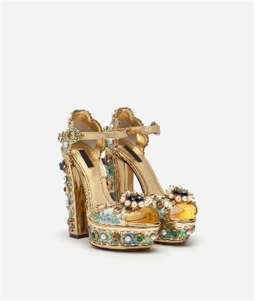 

19 summer women super heel chunky heel rhinestone new printing beading waterproof platform sandals wedding shoes party ladies shoes, Black