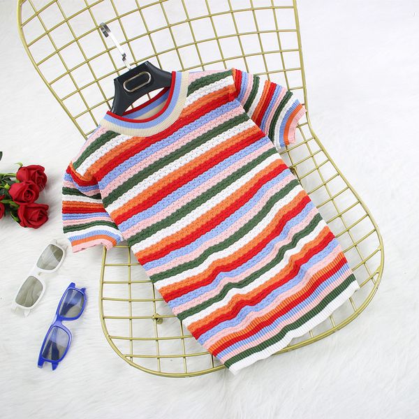 

Fashion Women's T-shirt rainbow stripes ice silk round neck short-sleeved T-shirt female color sweater summer new slim bottoming shirt