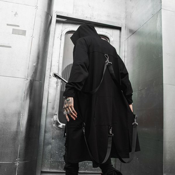 

men ribbon thick casual long sleeve hooded shirt coat male streetwear hip hop punk long style shirt cardigan jacket outerwear, White;black