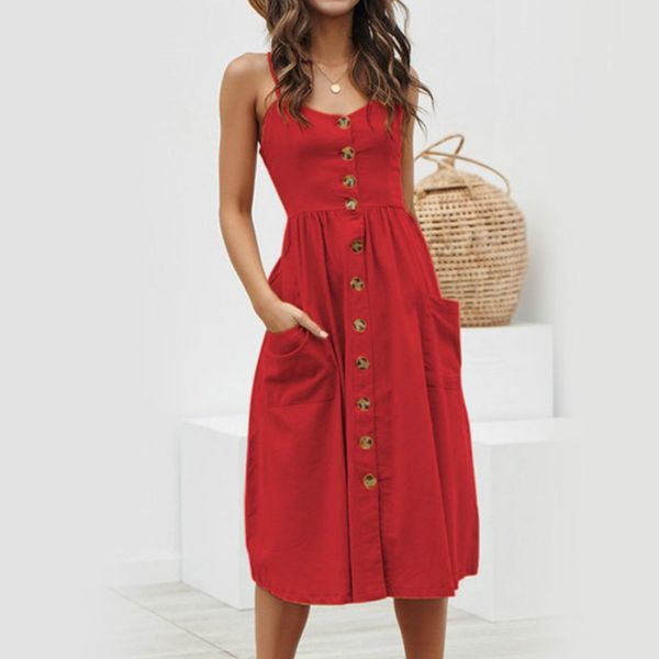 

2020 summer women dress sleeveless button shirt dress a-line midi boho beach red yellow pocket party vestidos vintage, Black;gray
