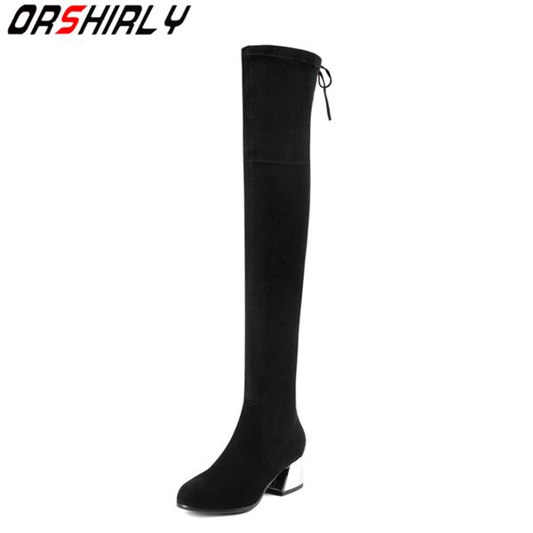 

orshirly women boots kid suede over-the-knee round toe lace-up square heels spring/autumn shoes butterfly-knot high quality, Black