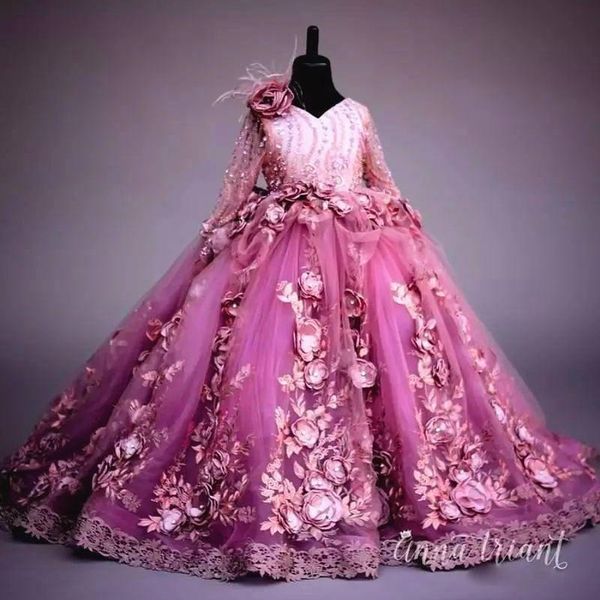 

luxury 3d floral lace flower girl dresses 2019 long sleeve handmade flowers girls pageant gowns gorgeous applique puffy tulle party dresses