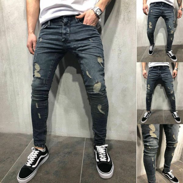 

new men ripped dot printed skinny destroyed frayed slim fit denim oversized pant men casual slim hole zipper black pants