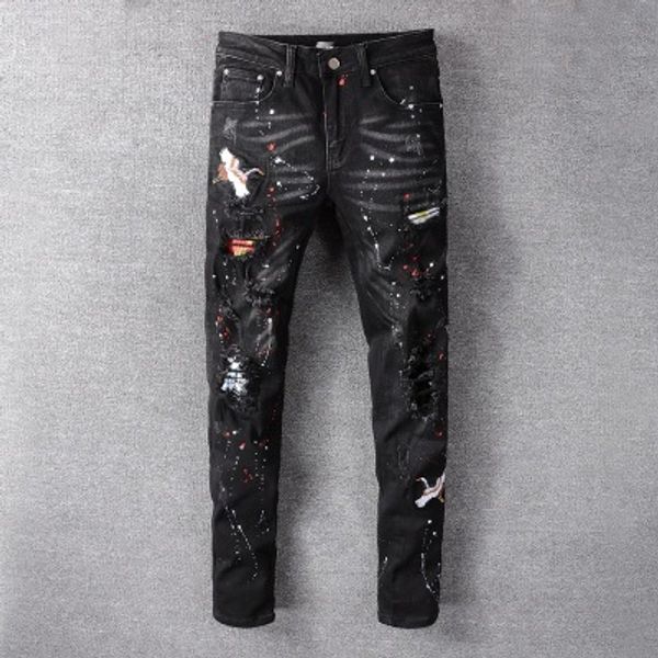 

2020 new men's skinny jeans casual slim moto jeans denim knee holes hip hop ripped pants wash ing, Blue