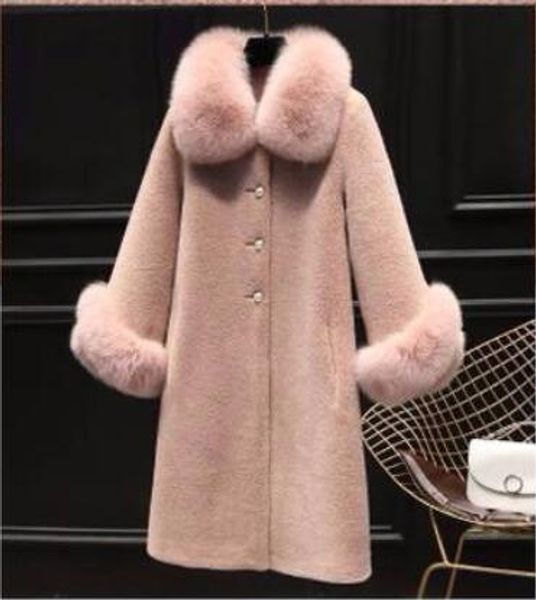 

autumn luxury natural fur collar women jacket real wool fur coats long warm sheep shearling winter coat jacket, Black