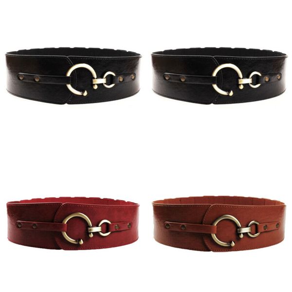 

womens lady fashion vintage metal boho leather round buckle waist belt waistband, Black;brown