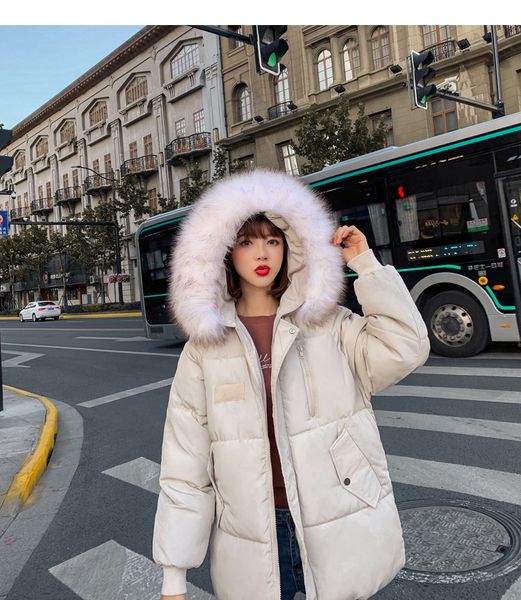 

2019 осень зима женская твердая ветровки одежда вниз хлопок женский студент большой меховой воротник сыпучие вскользь пальто куртки, Tan;black