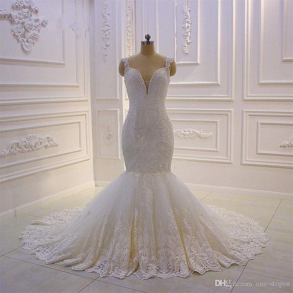 

real pictures spaghetti lace appliqued beaded mermaid wedding dresses luxury beaded lace-up back african plus size bridal gown, White