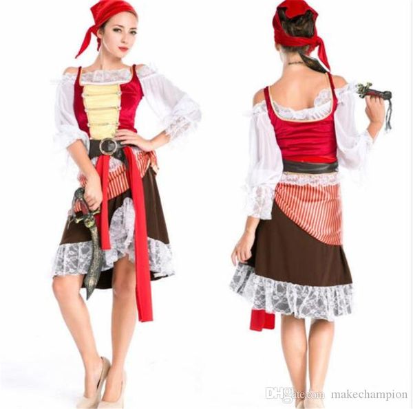 

womens pirate costumes cosplay halloween games womens dress set props party stagewear, Black;red