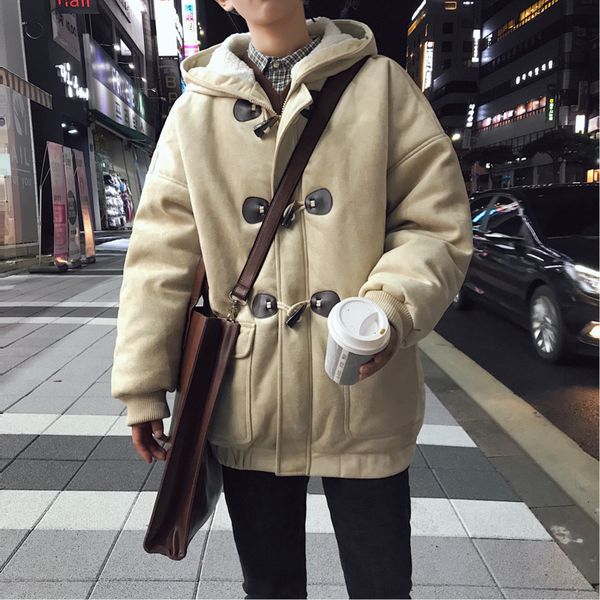 

winter 2019 new loose korean version of the net red horn buckle thick warm hooded trend street casual coat, Black