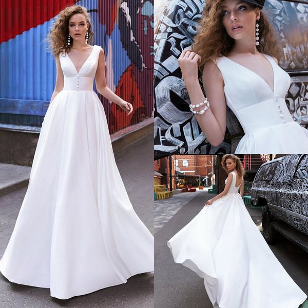 

simple boho wedding dress a line sweep train deep v neck satin button beach wedding dresses custom made garden bridal gowns, White