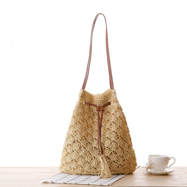 

women summer woven rattan bag straw shoulder bag tassel hollow beach handbags handmade drawstring crossbody bags
