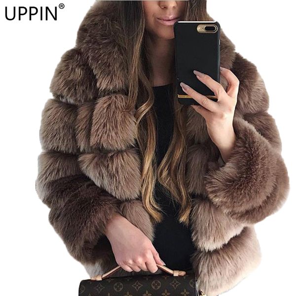 

uppin popular shaggy cardigan faux fur coat with hood plus size 2018 winter fur jacket women hooded coats girls furs jackets, Black