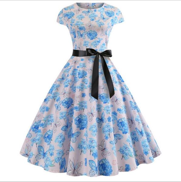 

designer women's evening dress print dress casual dress girl princess dresses belt waist new retro short sleeve hepburn wind 8 color sk, Black;gray