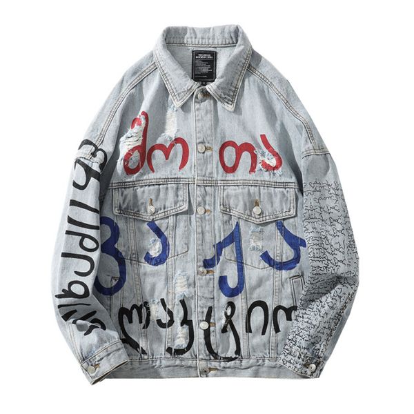 

european and american high street popular brand lettered graffiti printed lapel denim jacket mens hip-hop denim loose coat, Black;brown