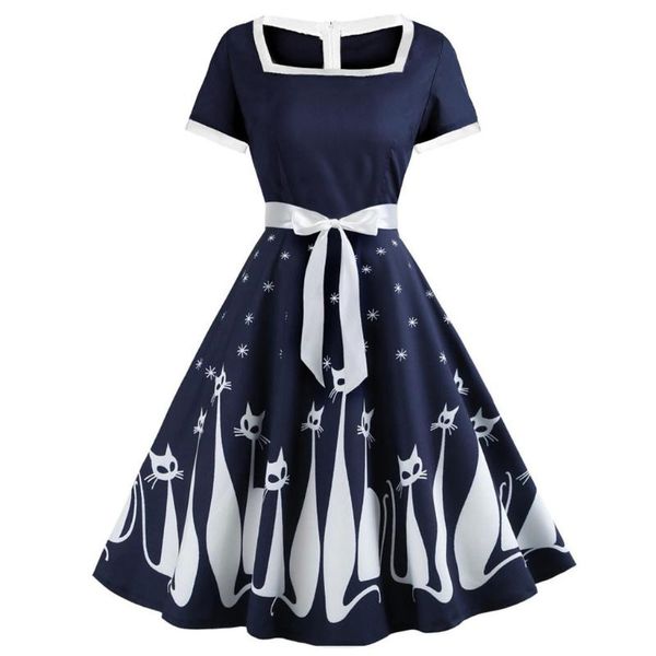 

vintage dress women cat printed square neck short sleeve evening party dress swing retro casual beach dress#g3, Black;gray