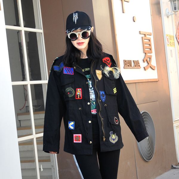 

wholesale plus size beading embroidery jackets female fashion personality patch badge was thin outerwear wq1690 factory, Black;brown