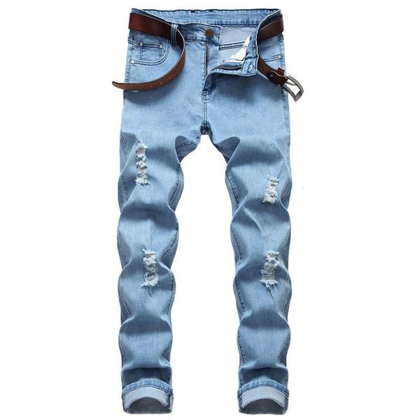 

luxury mens jeans designer washed hole slim trousers fashion mens zipper pants, Blue