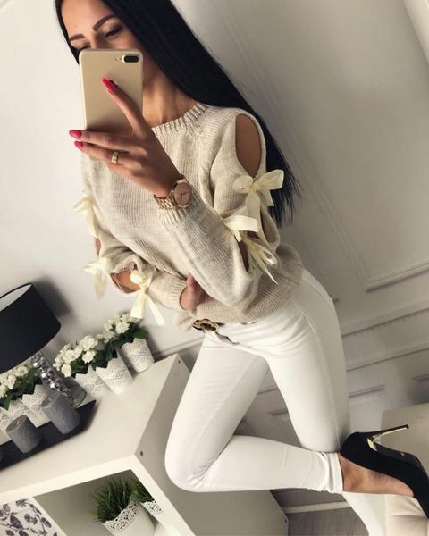 

women winter long sleeve sweater ladies sweatshirt hollowed bowknot long sleeve jumper pullover, White