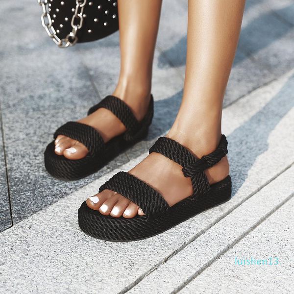

2020 new summer women flat sandals rope female beach shoes wedge shoes high heel comfortable platform sandals sandalia feminina l13, Black
