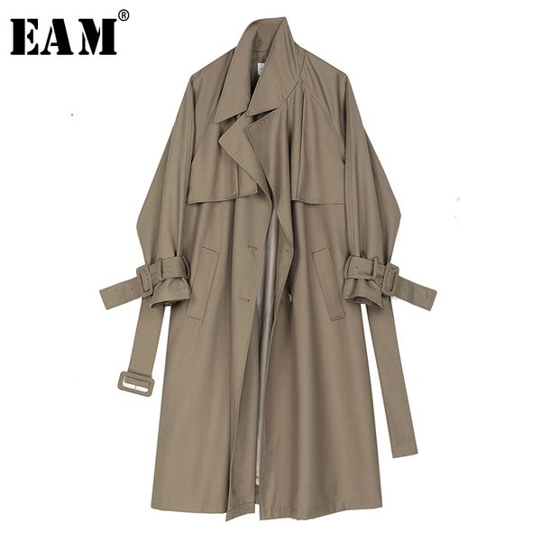 

eam] women khaki buckle split joint big size trench new lapel long sleeve loose fit windbreaker fashion tide spring 2020 1r548, Tan;black