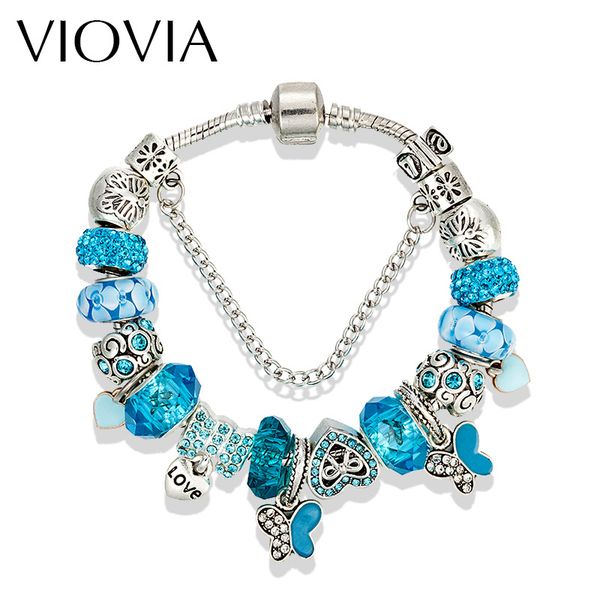

nice delicacy hand jewelry blue crystal coloured glaze with beaded creative butterfly pendant bangle bracelet, Silver