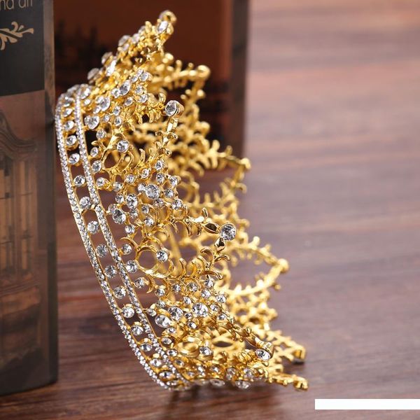 

vintage round big crown queen tiara hair jewelry gold silver crysta crown for wedding bride hair accessories hg192 d19011102, Golden;white